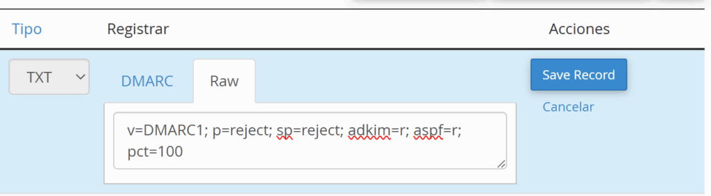 Pestaña Raw para DMARC