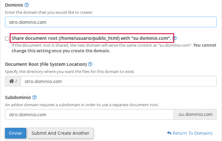 Formulario Crear un dominio con la casilla Share document root desmarcada y su propia carpeta