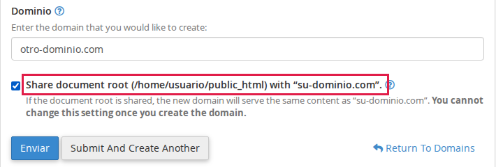 Formulario Crear un dominio con la casilla Share document root marcada