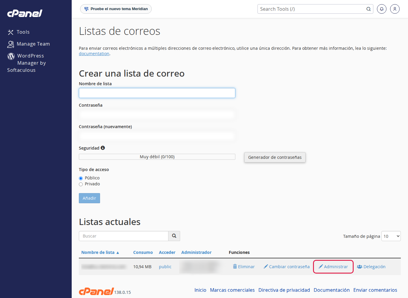 Listas actuales en cPanel con la opción Administrar