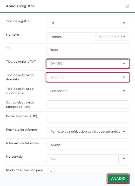 Ventana Añadir Registro de DirectAdmin con tipo TXT, DMARC y política Ninguno