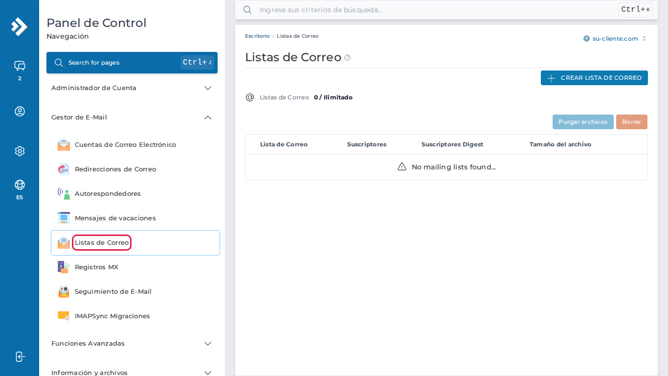Opción Listas de Correo en el Gestor de E-Mail de DirectAdmin
