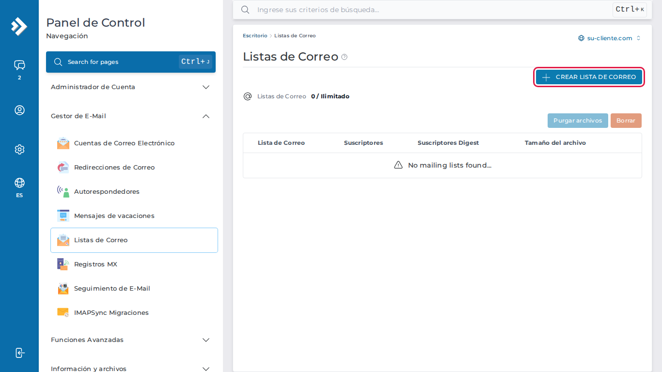 Botón Crear lista de correo en DirectAdmin