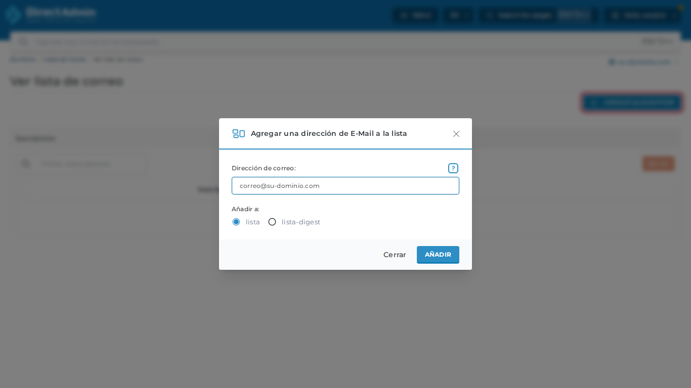 Ventana para agregar una dirección de correo a la lista