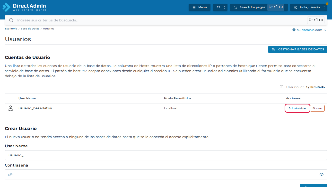 Lista de usuarios de base de datos con el botón Administrar