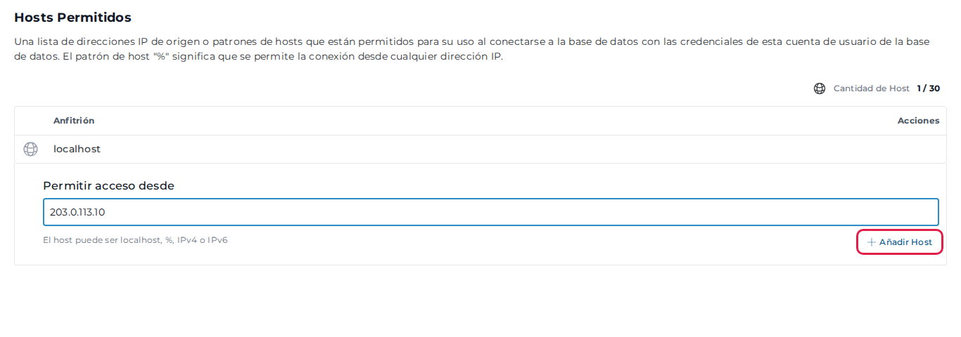 Sección Hosts Permitidos con una IP escrita y el botón Añadir Host