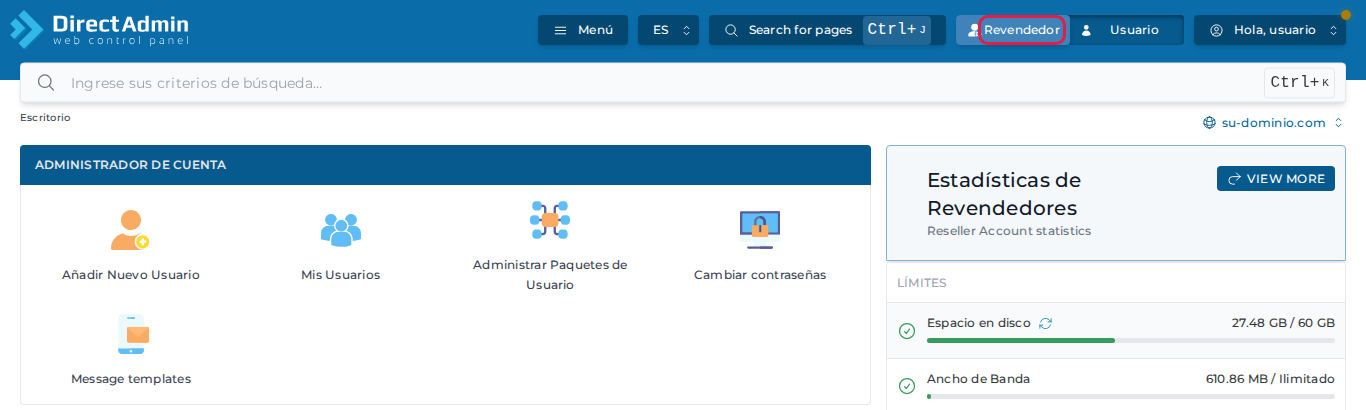 Nivel Revendedor seleccionado arriba a la derecha en DirectAdmin
