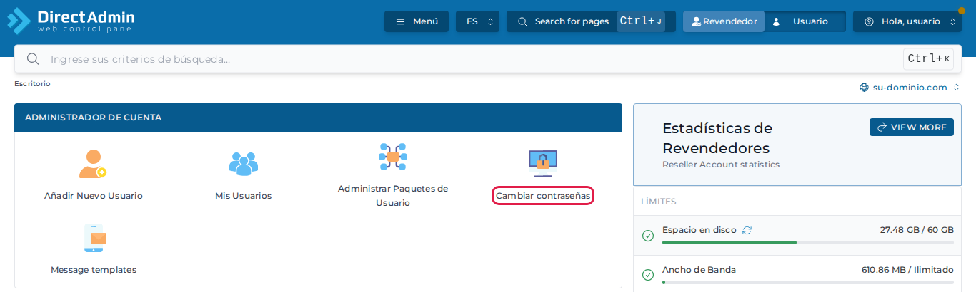 Ícono Cambiar contraseñas en el Administrador de cuenta del Reseller DirectAdmin