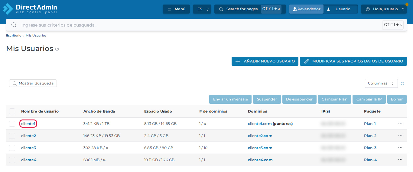 Lista Mis Usuarios del Reseller DirectAdmin con el usuario del cliente marcado