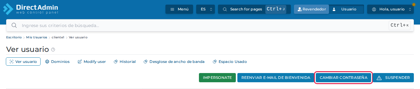 Ficha del usuario con el botón Cambiar contraseña
