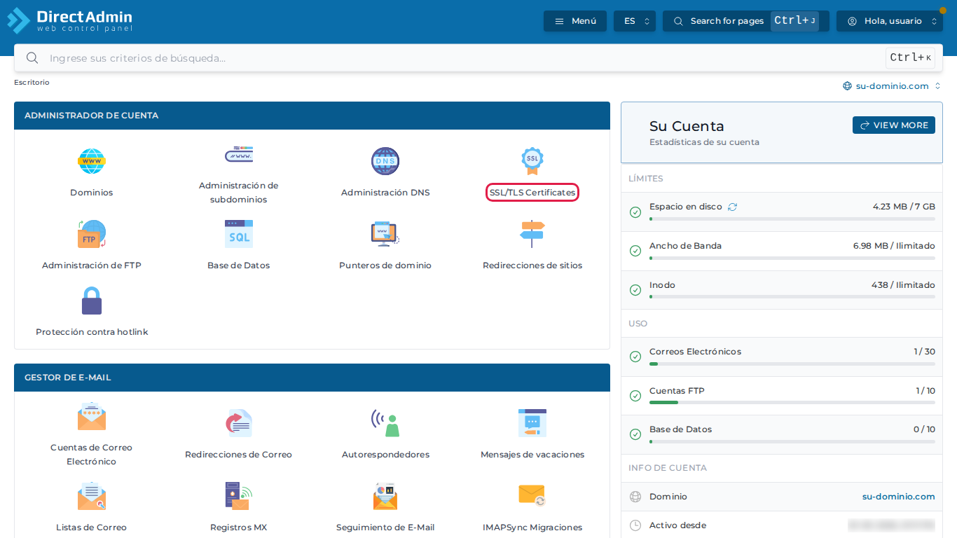 Ícono SSL/TLS Certificates en el Administrador de Cuenta de DirectAdmin