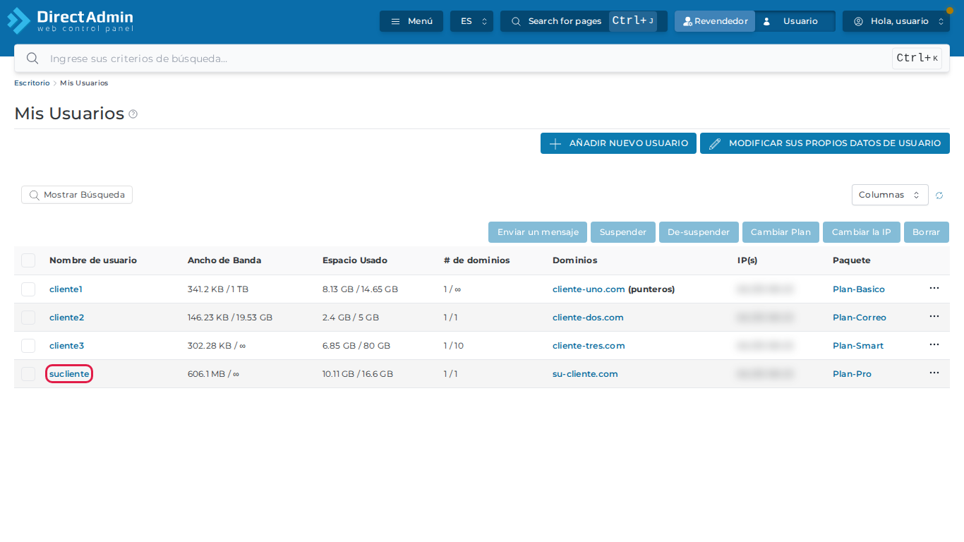 Lista Mis Usuarios del Reseller con el usuario del cliente marcado