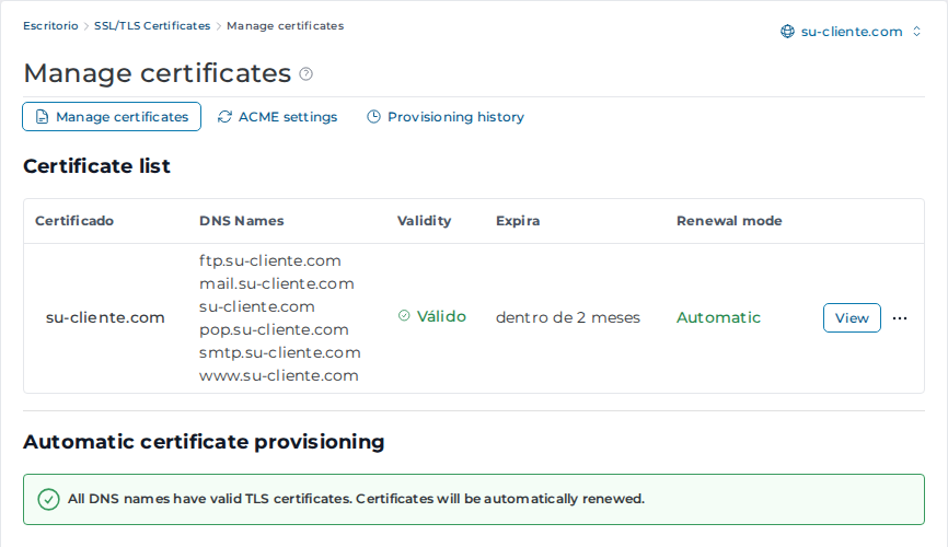 Certificado válido con renovación automática
