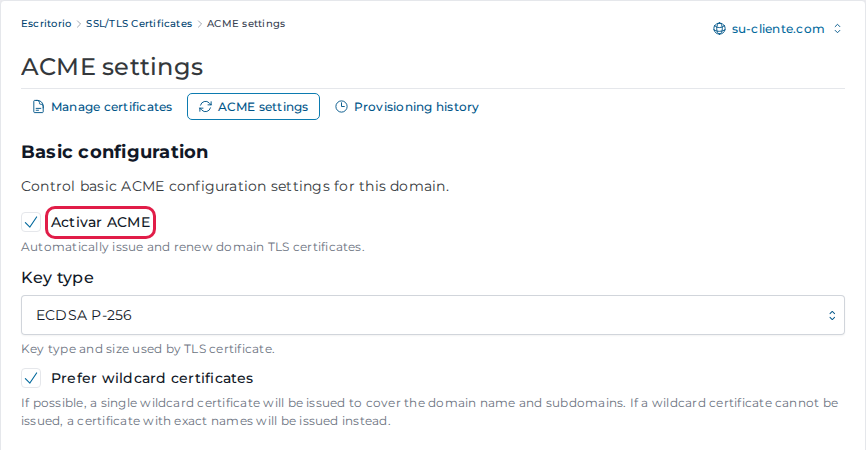 Casilla Activar ACME en ACME settings