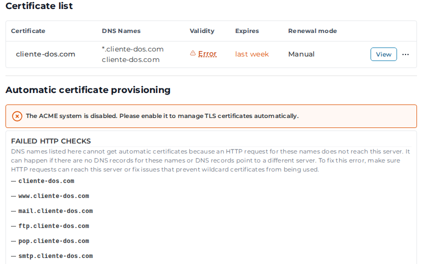 Certificado con error, sistema ACME desactivado y aviso FAILED HTTP CHECKS