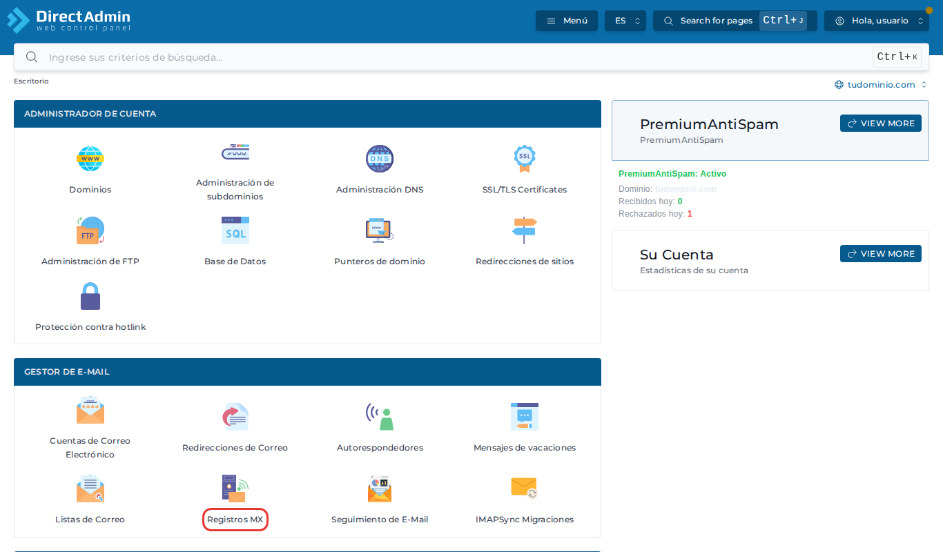 Ícono Registros MX en el Gestor de E-mail de DirectAdmin