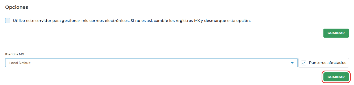 Plantilla Local Default seleccionada y botón Guardar