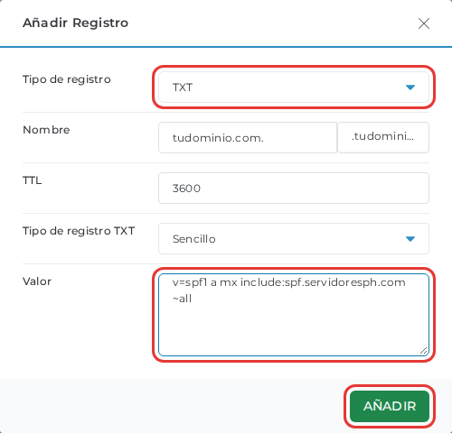 Formulario para añadir el registro SPF de tipo TXT
