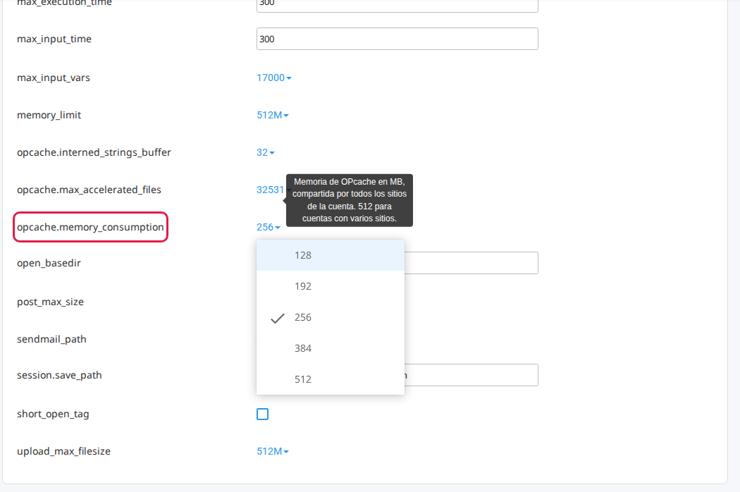 Pestaña Opciones del Selector de PHP con la lista de valores de opcache.memory_consumption