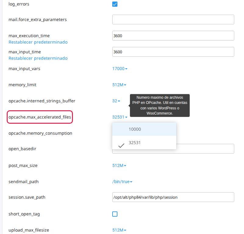 Pestaña Opciones del Selector de PHP en DirectAdmin con la lista de opcache.max_accelerated_files