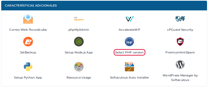 DirectAdmin, sección Características adicionales con Select PHP version resaltado