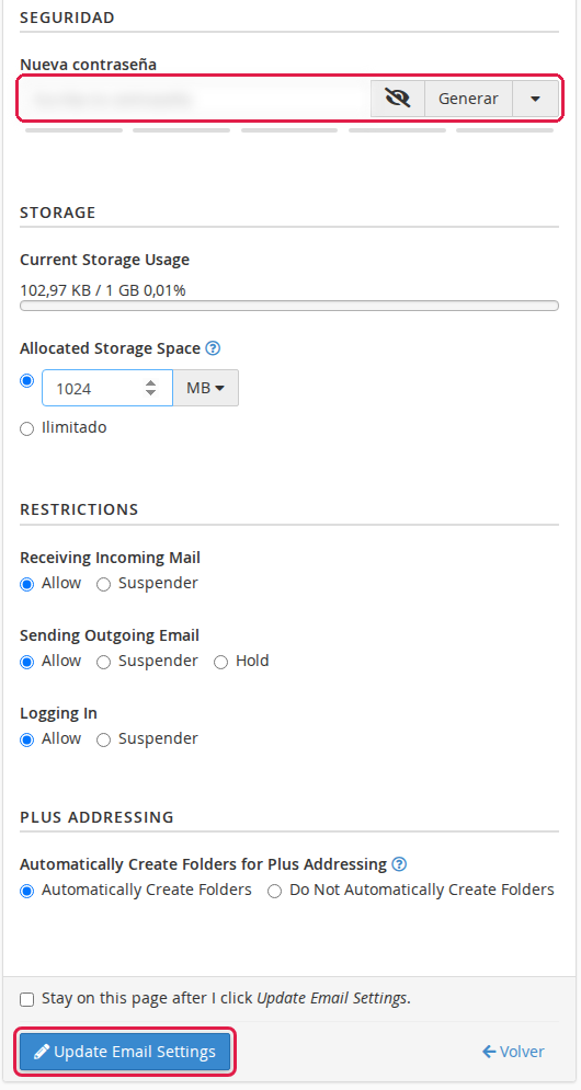 cPanel, administrar cuenta de correo con el campo Nueva contraseña y el botón Update Email Settings resaltados
