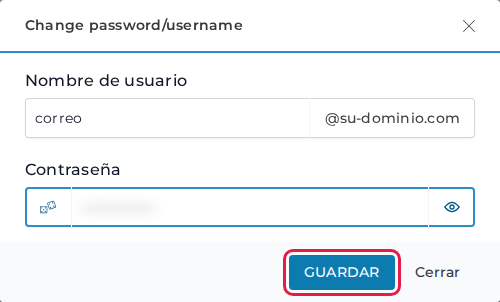 DirectAdmin, ventana para cambiar la contraseña de la cuenta de correo con el botón Guardar